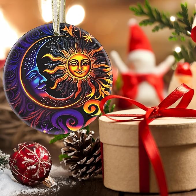 Christmas Ornaments, 3.5 Inch Ceramic Sun and Moon Hanging Ornament, Christmas Tree Ornaments, Gifts for Neighbor, Xmas Gifts, Unique Gift Idea, Perfect for Holiday Party, Tree, Window, Wall Decor