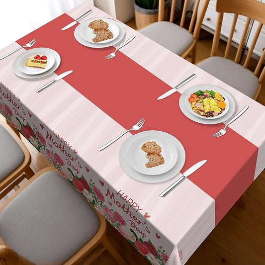 Childom 2 Pack Mothers Day Tablecloth,Mother's Day Party Decorations,54" x 108" Plastic Disposable Tablecloths for Rectangle,Plastic Table Covers for Mom Birthday Party Supplies Holiday Buffet Table