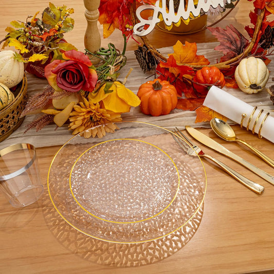 Rubtlamp 175 Pcs Plastic Dinnerware Set (25 Guests), Clear And Gold Plastic Plates, Hammered Party Plates Include Dinner Platos, Dessert Platos, Cups, Gold Cutlery Set And Napkins for Thanksgiving