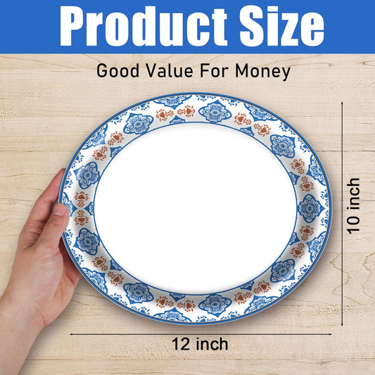 50Pcs Blue Floral Oval Plates 10"x 12", Large Disposable Paper Plates, Heavy Duty Flower Plate Tableware for Family Gathering, Dinner Time, Birthday, Wedding, Holiday Party Serving Supplies