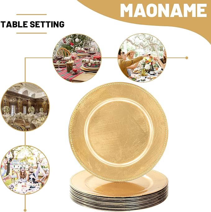 MAONAME Gold Charger Plates Set of 12, Foil 13" Plate Chargers with Beaded, Plastic Round Chargers for Dinner Plates, Table Setting