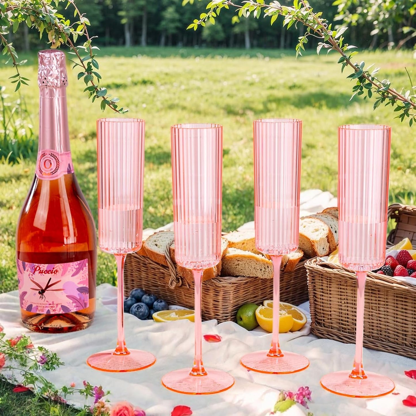 36 Pack Pink Plastic Champagne Flutes - 6oz Ribbed Disposable Champagne Glasses - Clear Pink Vintage Mimosa Glasses with Long Stem Elegant & Lightweight for Wedding Party