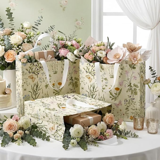 Abbylike 30 Pcs Wildflower Gift Bag Large Floral Shopping Bag Vintage Non Woven Tote for Party, 12.2 x 11.02 x 4.72 Inches