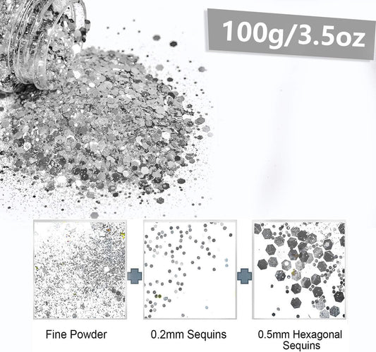 HEMOER Silver Glitter, 100g/3.5oz Holographic Chunky Glitter Mixed Hexagon Chunky & Fine Flakes Iridescent Sequins for Epoxy Crafts, Resin, Nail Body, Tumblers, Party Decoration