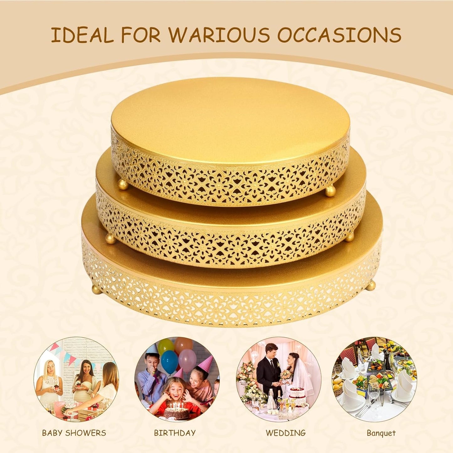 3 Piece Cake Stands Set 16'' 14'' 12'' Round Metal Cake Stands Cupcake Stand Riser Pastry Candy Display Plate for Dessert Table Wedding Event Birthday Anniversary Party (Gold)