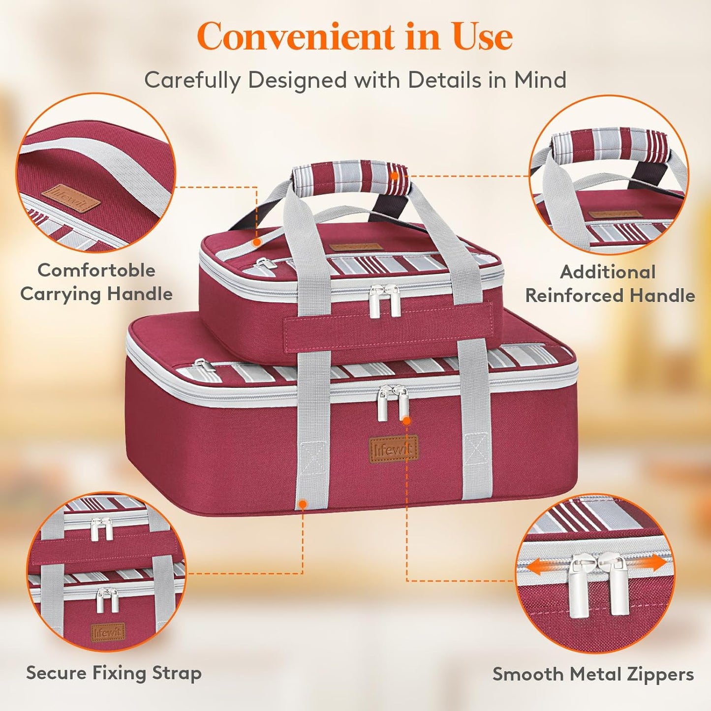 Lifewit Duo Insulated Casserole Carrier for Hot or Cold Food, Lasagna Holder 2 Compartments, Thermal Lunch Tote for Potluck Parties Cookouts, Fits 9"x13" Casserole Dish,Red