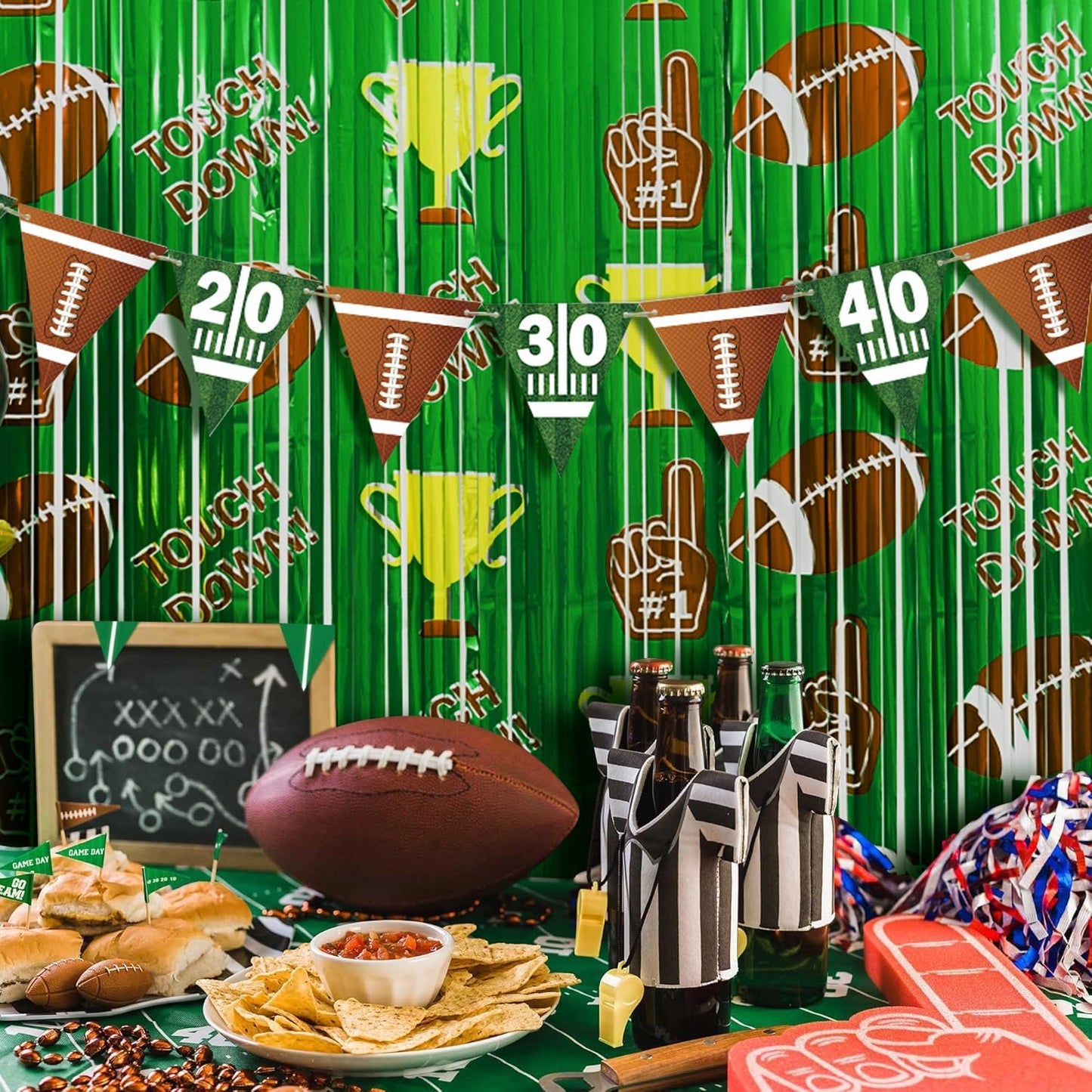 Football Party Decorations, 4 Pack Foil Fringe Curtains, Party Backdrop Streamers, Super Bowl Sunday Night Football Game Day Photo Booth Backdrops Superbowl Party Decorations