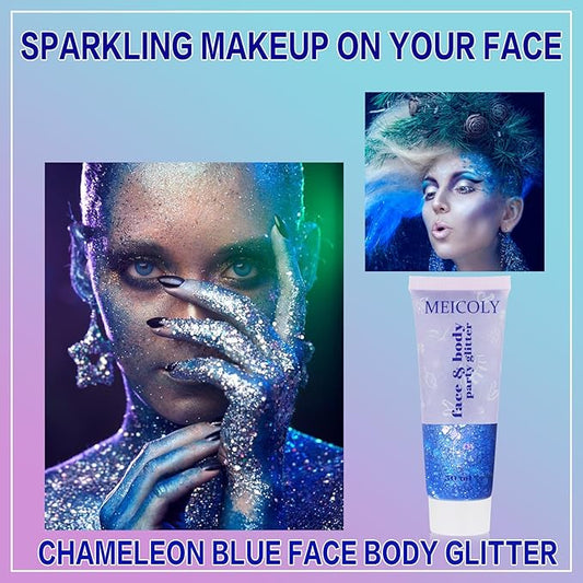 MEICOLY Chameleon Blue Hair Glitter,Holographic Chunky Face Glitter Gel,Self-Adhesive Color Changing Mermaid Singer Concerts Sparkling Glitter for Face Body,Halloween Festival Party Makeup,50ml