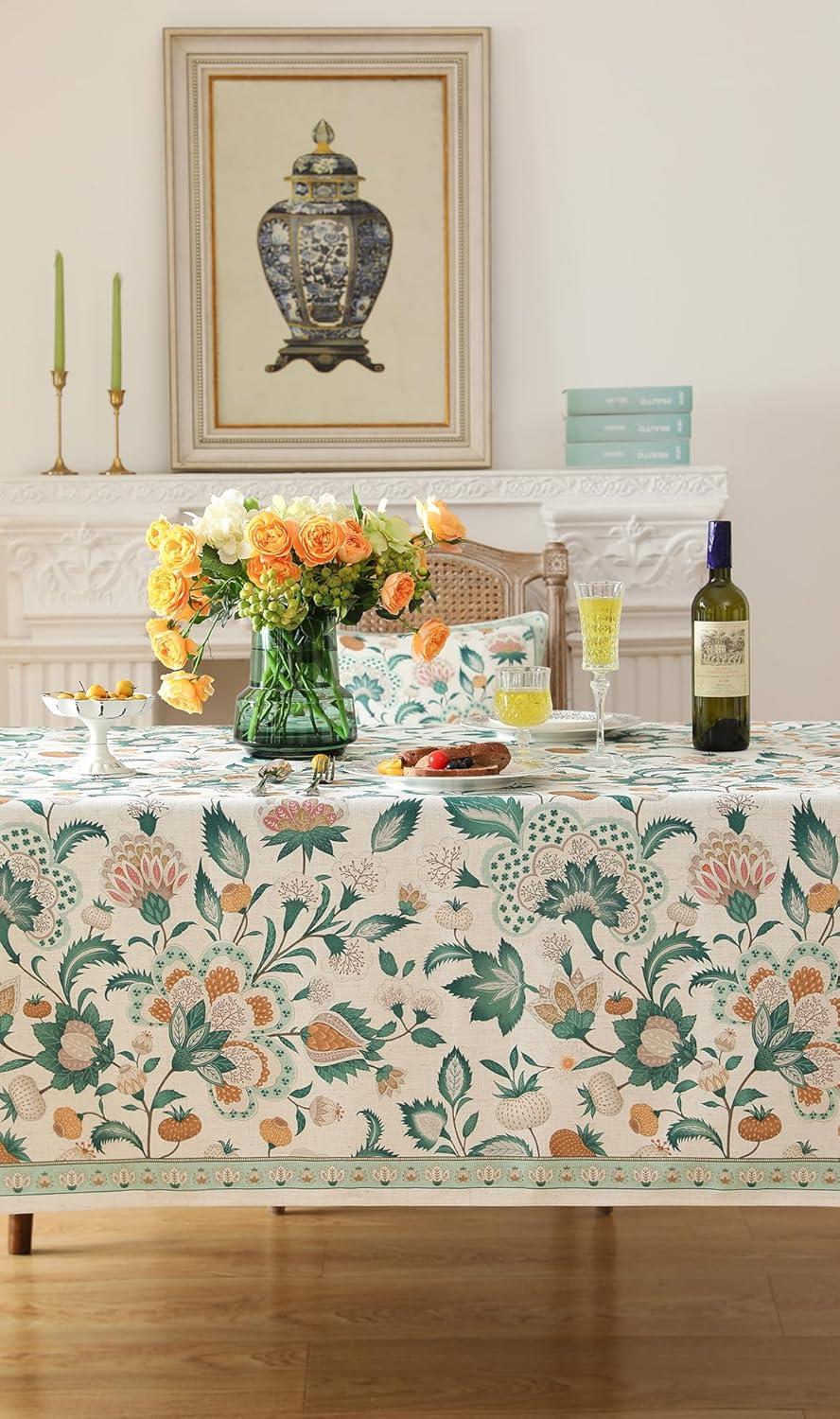 patdrea Designer Green Extra Long Rectangle Table Cloth,Italian Floral Country Linen Breathable Tablecloth,Decor Cover for Kitchen Dining,Christmas,Tea Party,Thanksgiving,63"x110"-Tree Life