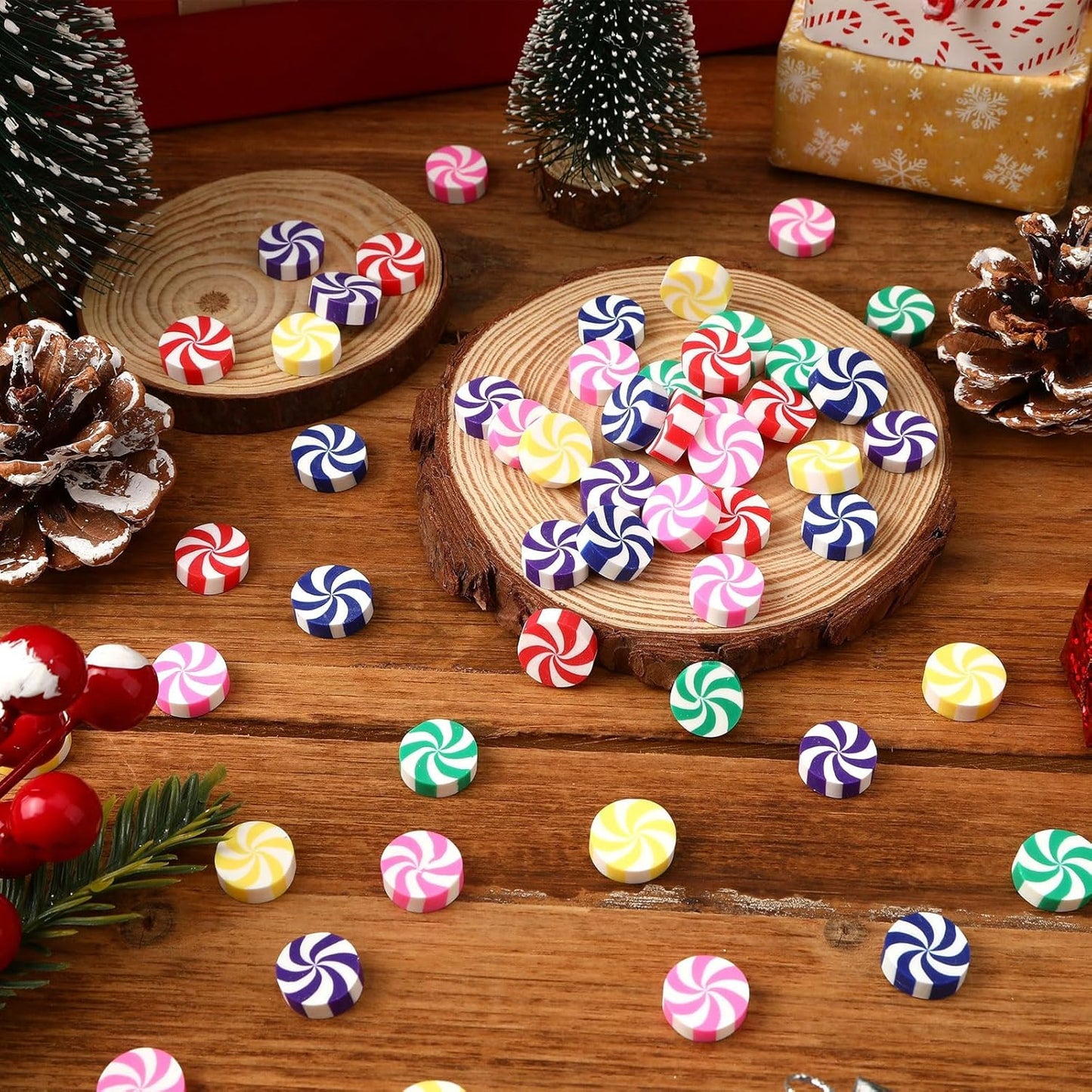 80pcs Mini Christmas Candy for Crafts Multicolour Fake Candy Decor Peppermint Ornaments Xmas Table Scatters Red and White Candy Vase Filler for Decorations Party Favors Supplies 15MM