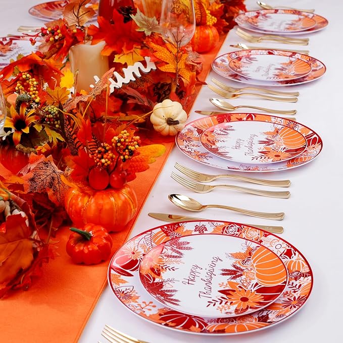 Rubtlamp 60PCS Thanksgiving Plastic Plates, White Orange Pumpkin Plates, Red Disposable Plates with Maple Leaves, Fall Disposable Plates Include 30 Dinner Plates, 30 Salad Plates For Thanksgiving