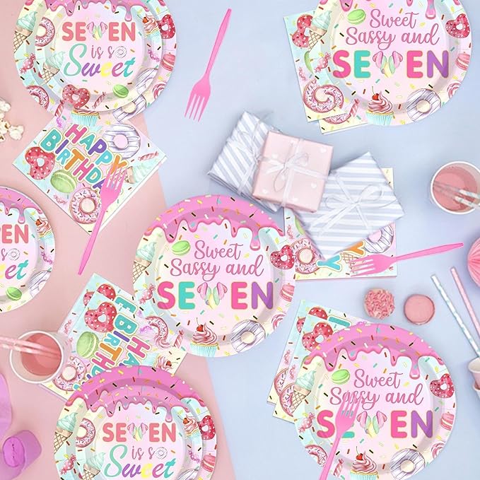 Grencian 96 Pcs Sweet Sassy and 7 Birthday Decorations Donut 7th Birthday Party Decorations for Girls Colorful Donut Plates and Napkins 7 Years Old Disposable Party Supplies Serves 24
