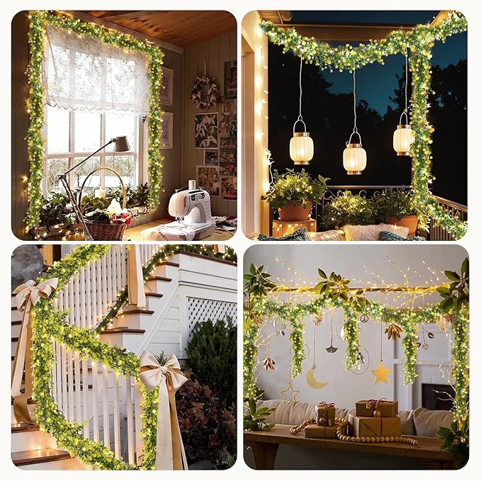 RECUTMS 3 Pcs Green Garland with Lights Fern Hanging Light Fake Hanging Vines Spring Garland with Lights Green Leaf Vines for Spring Home Wall Mantel Party Wedding Fireplace Decoration(Yellow)