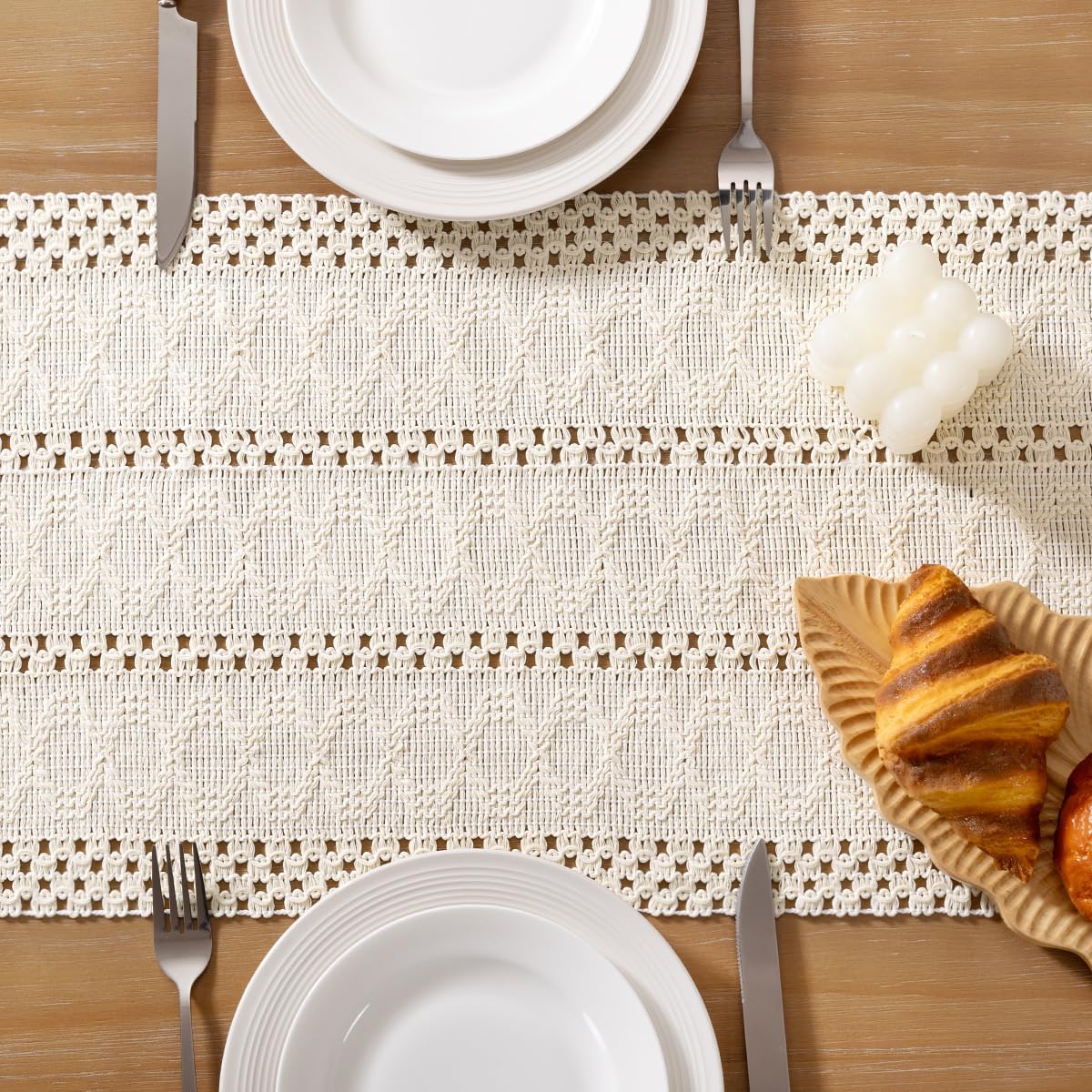 Socomi Boho Table Runner Fall Thanksgiving Farmhouse Rustic Dining Kitchen Centerpiece Decor Small Macrame Woven Cotton Linen Coffee Table Runner for Dresser Scarf Home Decor 12x36 inch Cream Ivory