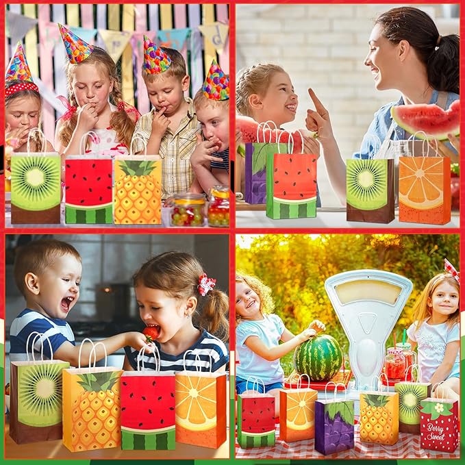 Outus 24 Pcs Summer Fruit Party Favors Bags Fruit Goodie Gift Paper Bag with Handles Tutti Frutti Strawberry Watermelon Candy Treat Tote Pouch for Summer Party Birthday Baby Shower Decoration Supplies