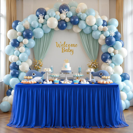 6 Pack 6ft Royal Blue Tulle Tablecloths for Rectangle Tables 6 Foot Rectangular Table Cloth Wrinkle Free Table Cover with Tutu Skirt for Baby Shower Wedding Birthday Party Banquet Buffet Cake