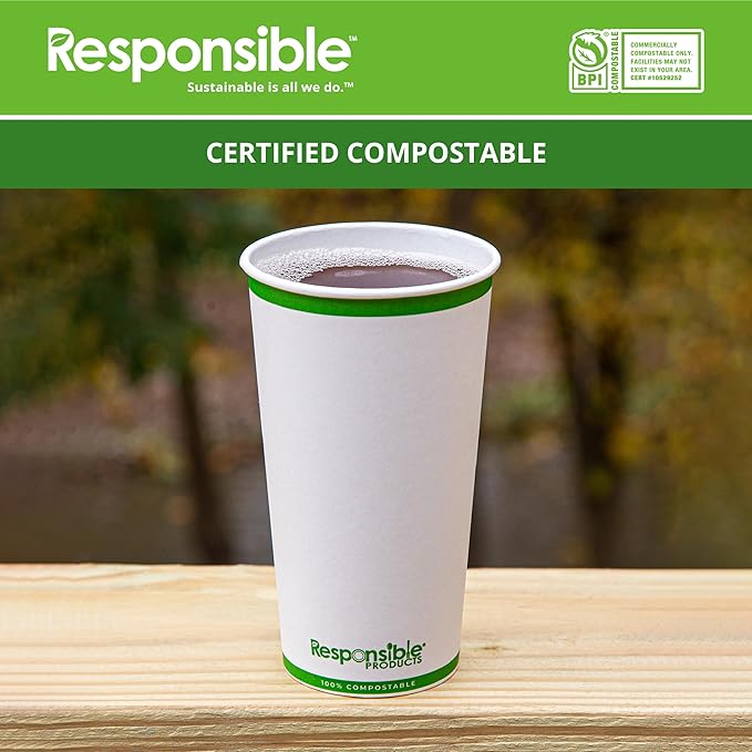 Responsible Products 20 oz Paper Hot Cups, Tree-Less™ Compostable Paper Coffee Cups, Extra Strength, Tree-Free and Made Without PFAS, White (1000 Count)