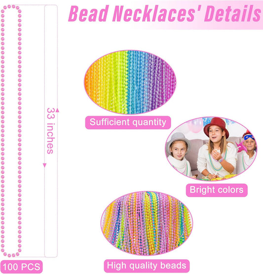 100PCS Mardi Gras Beads, 6 Kinds Colorful Bead Necklaces Bulk, 33" Metallic Round Beads Accessories, Bead Necklace Mardi Gras Holiday Events Parade Throws Party Decor Supplies Favors