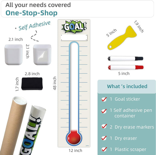 Fundraising Thermometer Chart Goal Tracker Decal - 48"x12" - Dry Erase Goal Setting Wall Poster Thermometer - Removable Giant Sales Goal Vinyl Sticker (Blue)
