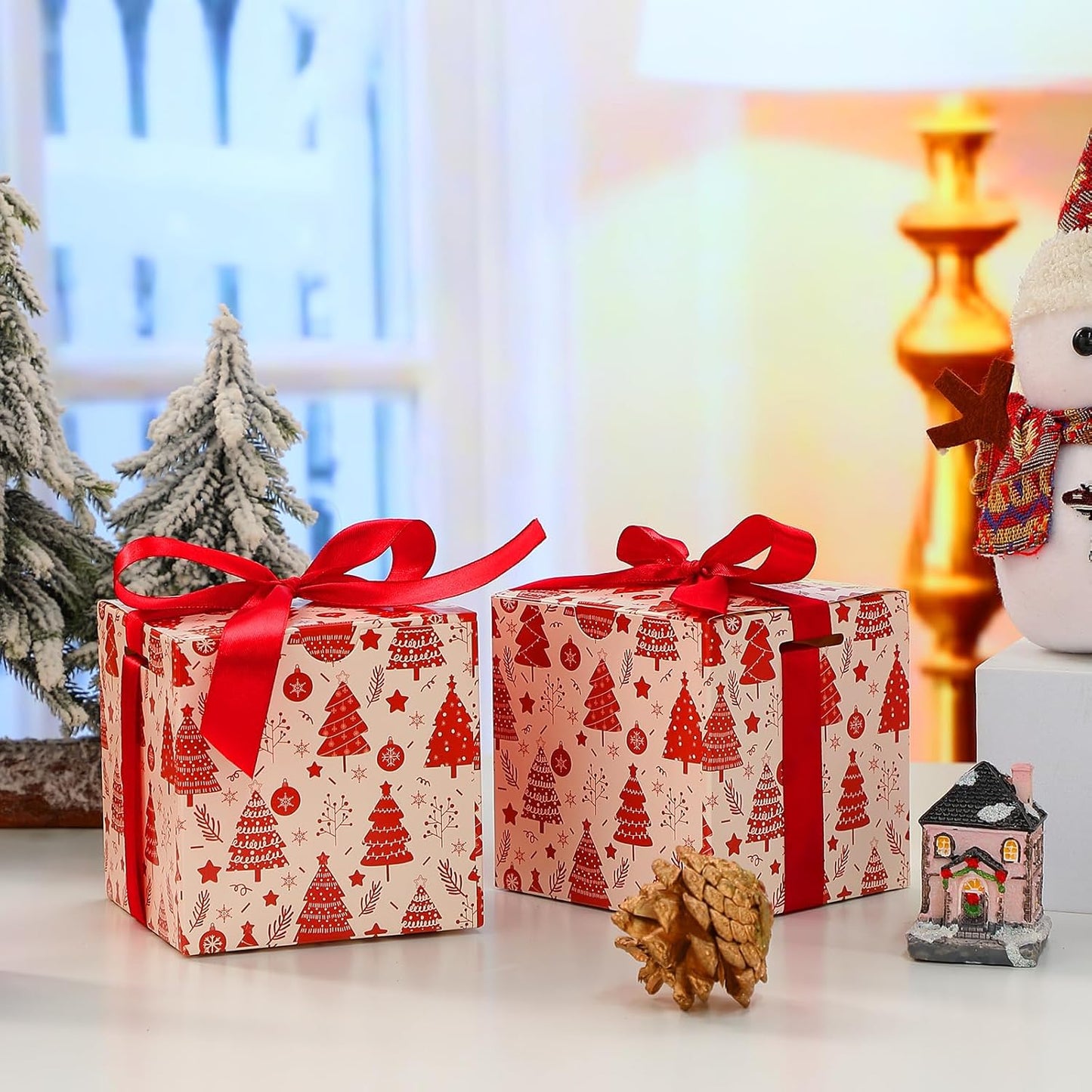 Dispowreath 48 Pcs 4x4x4 Christmas Gift Boxes with Ribbon Xmas Small Box with Lids Treat Boxes for Gift Wrapping Ornaments Wedding Holiday Birthday Party Favor(Tree)