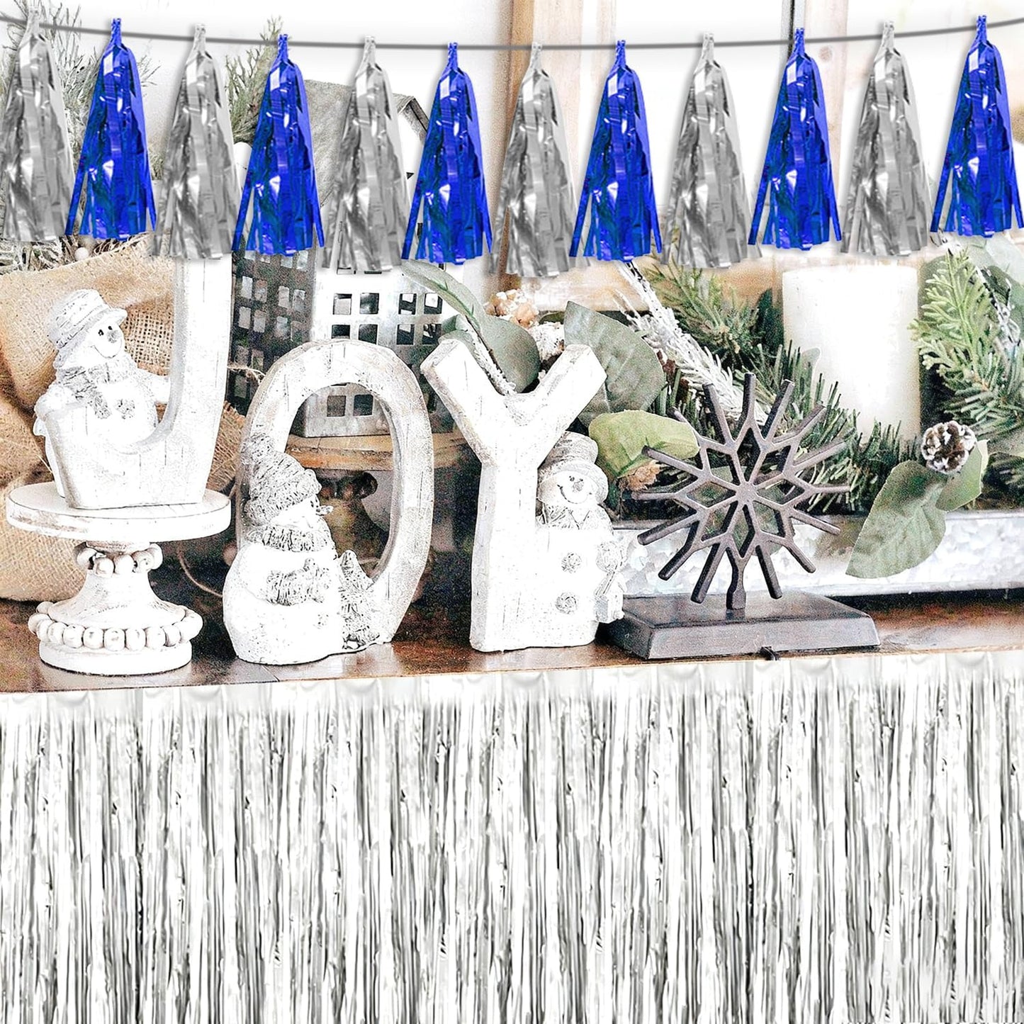 3P Navy-Blue Silver Tassel Banner Garland Metallic Foil Fringe Banner Tinsel Tassels Streamer Banner Backdrop for Parade Floats, Graduation Bridal/Baby Shower Retirement Party Decorations