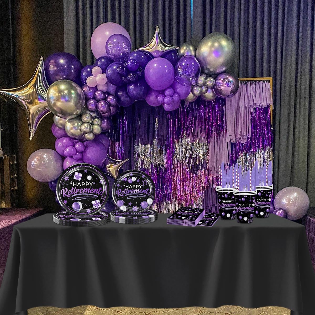 141pcs Retirement Party Decorations,Black and Purple Party Disposable Tableware,Includes Dinner Plate Dessert Plate Paper Napkin Cup Knife Fork Straws Tablecloth Black Purple Retirement Supplies set