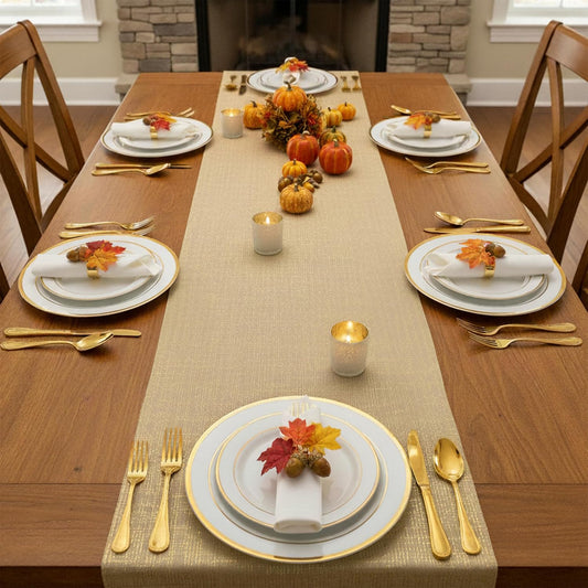 PapaKit Sparkle Metallic Gold Stripes Faux Burlap No-Iron Table Runner 13.5" x 36ft (12 Yard) for Holidays, Wedding Decoration, Parties and Everyday Décor