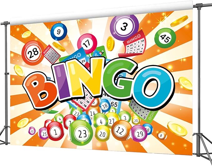 Homewelle Bingo Night Orange Colorful Backdrop 7Wx5H Feet Polyester Fabric Gaming Gamer Game Time Cards Contest Casino Decoration Winning Snooker Ball Winner Photography Background Photo Shoot Props