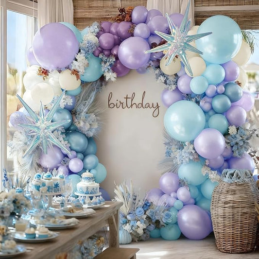 Frozen Balloon Garland Arch Kit, Double Stuffed Purple Blue White Pearl Balloons with Iridescent Star Foils for Birthday Christmas Baby Shower Frozen Wedding Winter Party Decorations