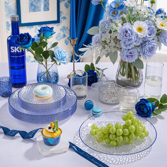 Rubtlamp 60Pcs Blue Plastic Plates, Clear Disposable Plates With Blue Rim, Heavy Duty Fancy Party Plates, Hammered Disposable Plates Include 30 Dinner Plates, 30 Dessert Plates For Wedding