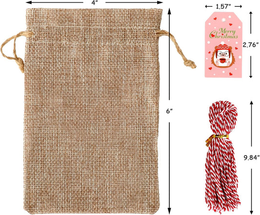 Tapleap Burlap Bags with Drawstring, 4x6 Inches Burlap Sack with Christmas Tags and String (Lot of 50) for Wrapping Christmas Gifts, Party Favors or for Christmas Decorations