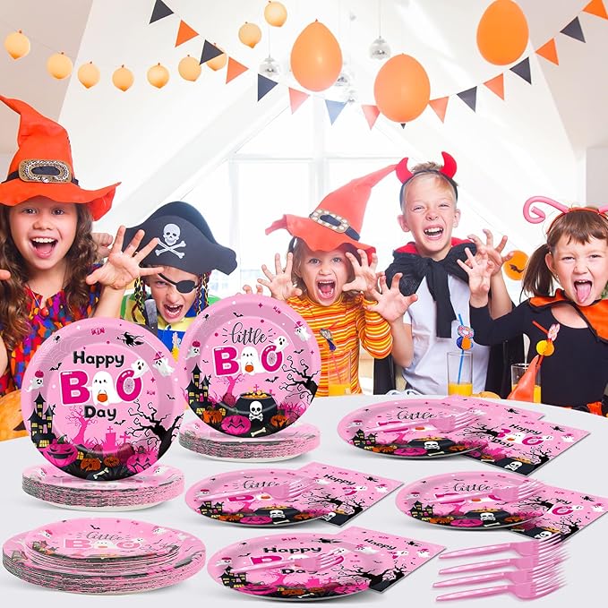 96Pcs Halloween Happy Boo Day Party Supplies - Pink Ghost Pumpkin Paper Plates, Napkins, Dinnerware & Party Favors - Serves 24