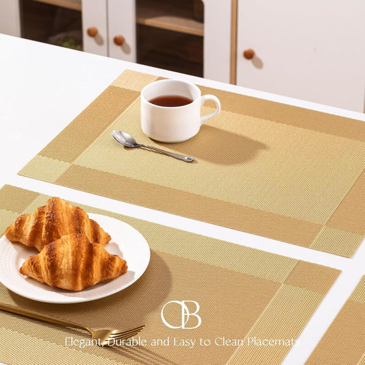 Placemats Set of 8 - Easy Clean Woven Vinyl Placemats for Dining Table, Indoor/Outdoor Place Mats, Washable PVC Table Mats(Gold Cube)