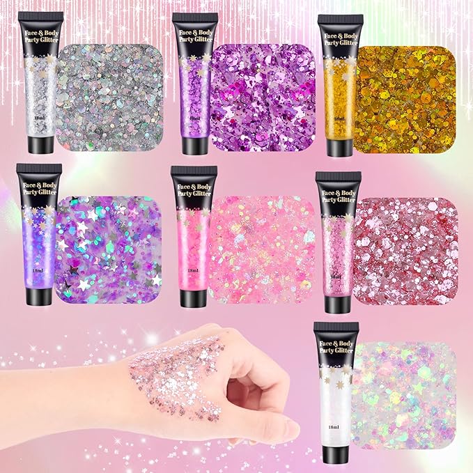 AROIC Kids Unicorn Hair Glitter,14Pcs Body &Face Shimmering Glitter Gel Set,Fairy Costume Sparkle Makeup for Girls,Holographic Sparkle Face Paint for Festivals Princess Birthday Party Gifts (7 Colors)