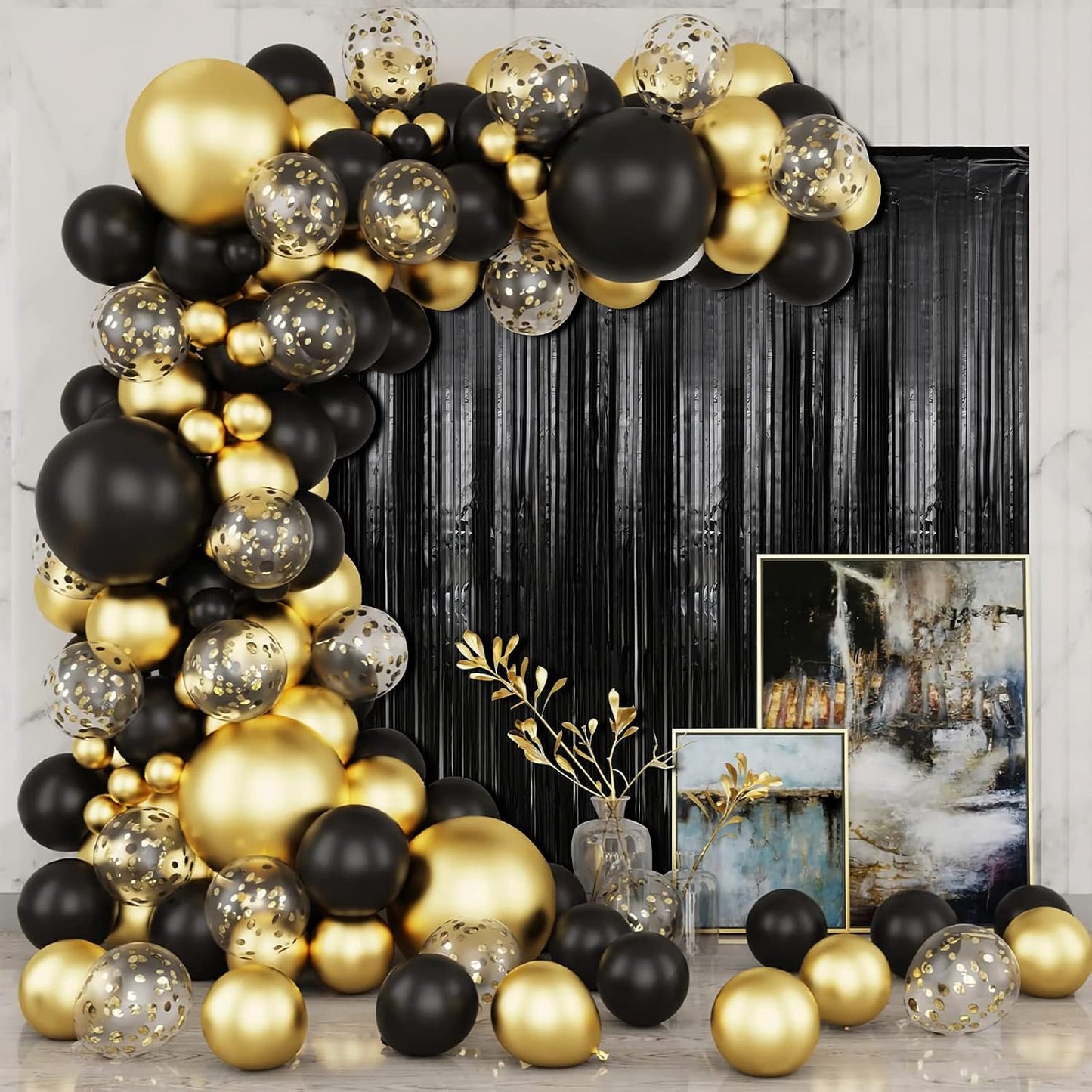 Crosize 5 Pack 3.3 x 9.9 ft Black Foil Fringe Curtains Party Decorations, Black Tinsel Curtain Backdrop for Parties, Door Streamers, Glitter Streamer Backdrop for Birthday Decoration