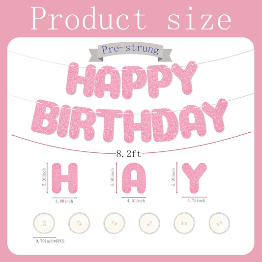 Happy Birthday Banner,with adhesive hooks,pink iridescent letter party banner,Glitter Decor,Kids Baby Adults Birthday Decorations Party Supplies(Pre-Strung)(Pink)
