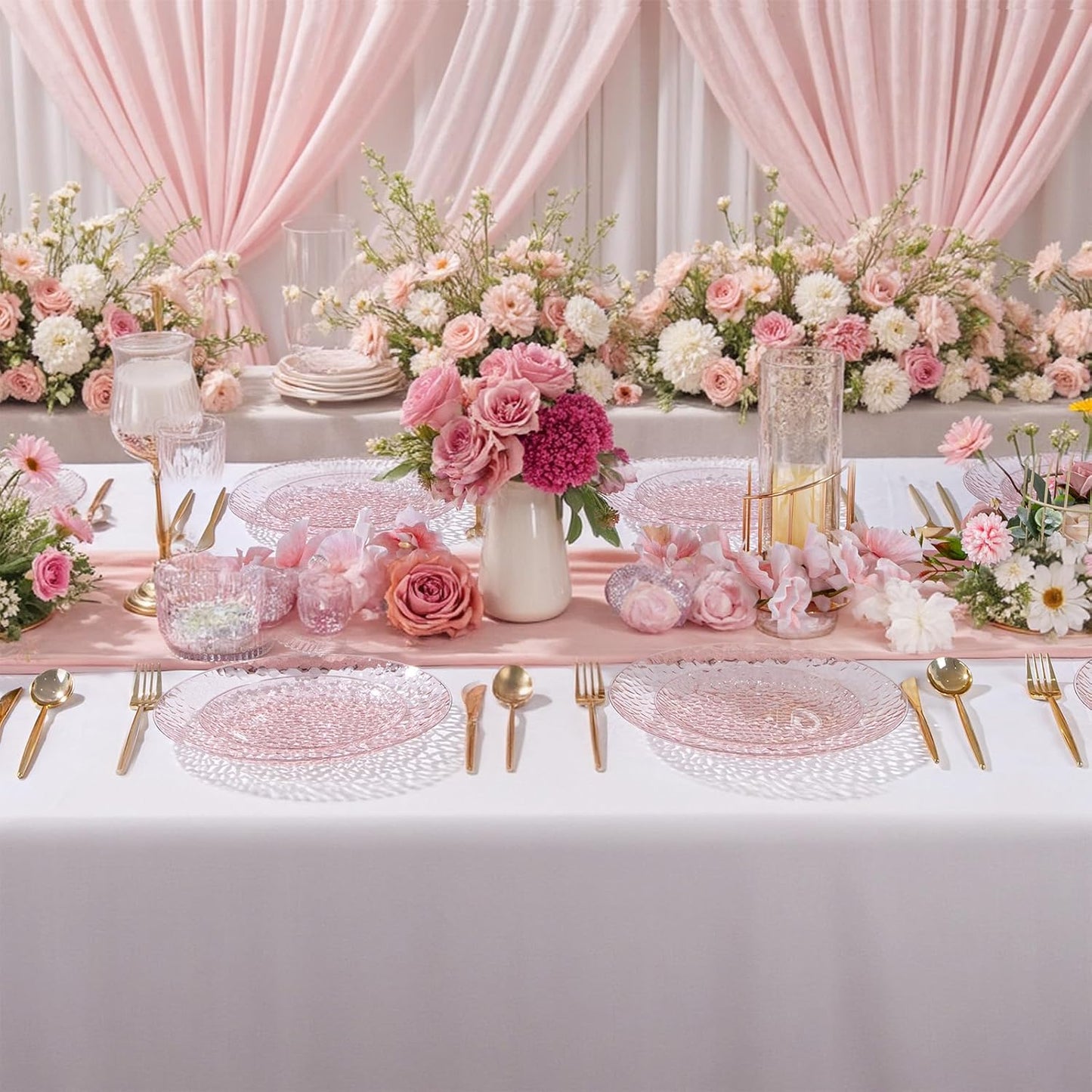 Rubtlamp 60PCS Pink Plastic Plates, Disposable Pink Plates with Hammered Design, Heavy Duty Plastic Platos Fancy Party Platos Include 30 Dessert Plate & 30 Dinner Plate for Bridal Wedding