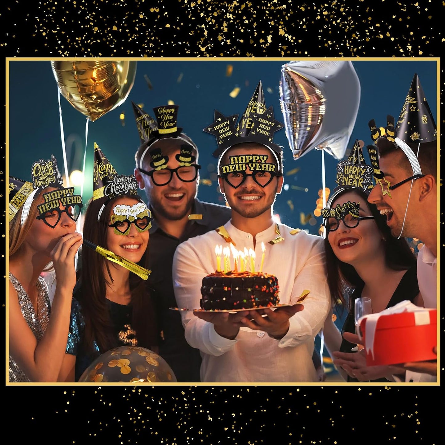 240 Pcs 2026 New Years Eve Party Favor Supplies for 48 Pcs Guest Happy New Year Glasses Paper Headband Cone Hat Fringed Noisemaker Black Gold Bead Necklace for Newyear Christmas Party Decor