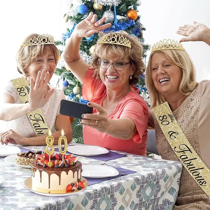 80th Birthday Decorations for Women Gold with Sash and Tiara, Gold Number Candles, 80th Birthday Gifts for Women