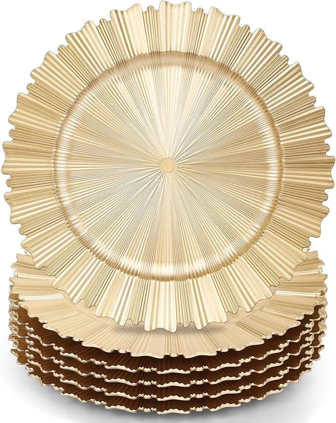 6 Pcs Gold Charger Plates,13 Inch Elegant Fluted Edge Plastic Charger Plates Reusable Table Chargers for Dinner Birthday Wedding Party Bridal Showers Tableware Dishes Luxury Decor
