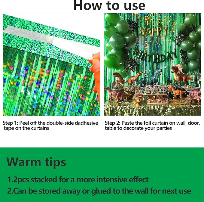 4 Packs Green Foil Fringe Curtain, Green Glitter Metallic Tinsel Backdrop for Birthday, Wedding, Baby Shower, Halloween, Christmas, Hawaiian Luau, Football, Dinosaur Jungle Party Decorations Supplies