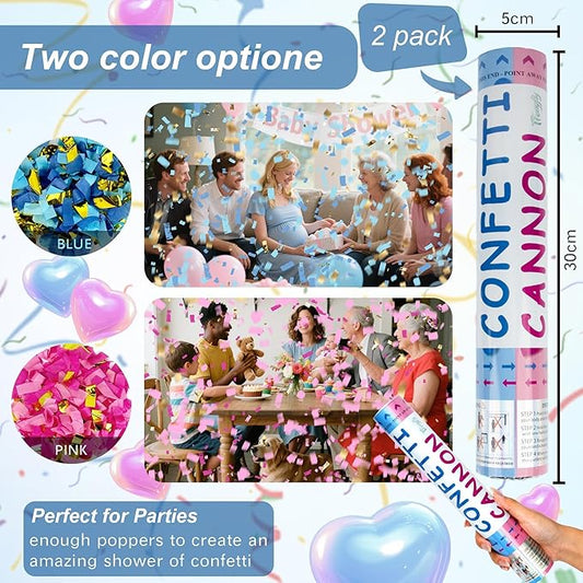 2 Pack Gender Reveal Confetti Cannon, 12 in Blue Rectangle Shaped Party Poppers Shooters Cannons, Confetti Poppers For Baby Boy Girl Gender Reveal Baby Showers (Rectangle, Blue)