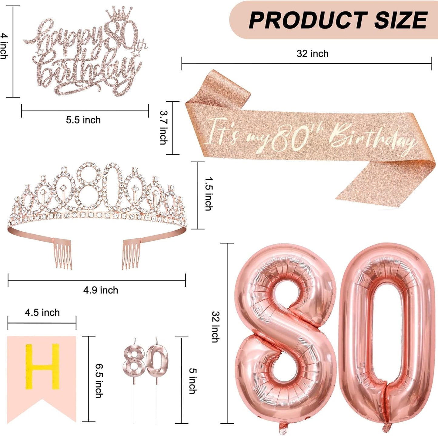 80th Birthday Decorations for Women, Including 80th Tiara and Sash, Happy Birthday Banner, Cake Toppers, Number Candles and Balloons Set, Rose Gold