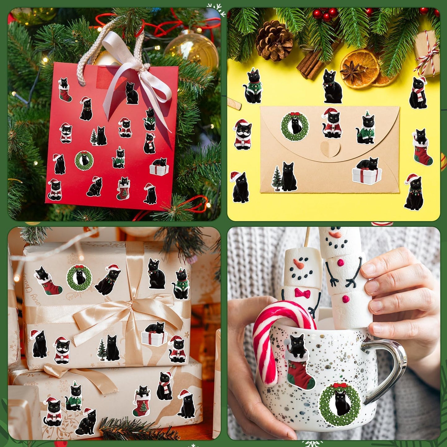 Christmas Black Cat Stickers - 2 Rolls with 16 Designs Waterproof Self-Adhesive Decals for Gift Wrapping, Kids Crafts, Water Bottles, Laptop Decor, Family Holiday Activities & Pet Lover Gifts
