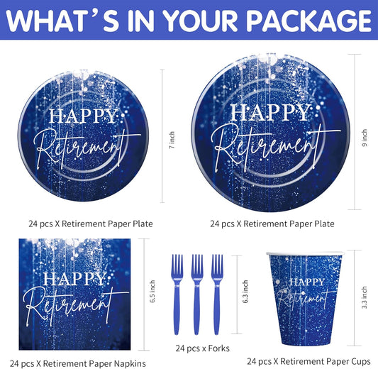 Blue Retirement Party Decorations Tableware For Women Men, Disposable Happy Retirement Party Supplies, Paper Plate, Cup, Napkin, Fork, Serve 24