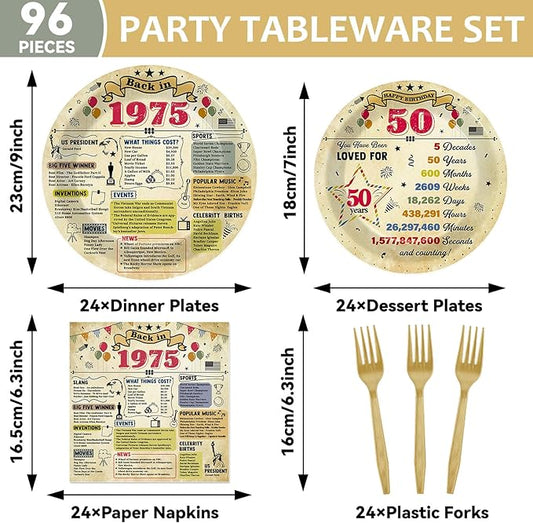 96Pcs Funny 50 Year Old Birthday Party Plates and Napkins Back in 1975 Themed Party Decorations Vintage 50th Party Disposable Tableware Set for 24 Guests Cheers to 50 Years Birthday Favors Supplies