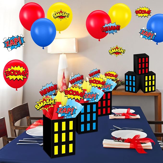 8 Sets Hero Theme Party Decoration Hero Boxes Centerpiece (7.9 x 5.1 x 5.1 Inch) Sticks with Tissue Paper Standing Cards Birthday Baby Shower Party Supplies (Red,Yellow,Blue)