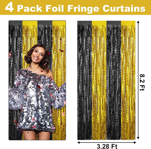 4 Pack Black Gold Fringe Curtain Backdrop 3.2Ft x 8.2Ft Metallic Tinsel Foil Fringe Streamers Background for Photo Booth Mother's Day, Easter, Carnival, Birthday, Wedding Party Decoration