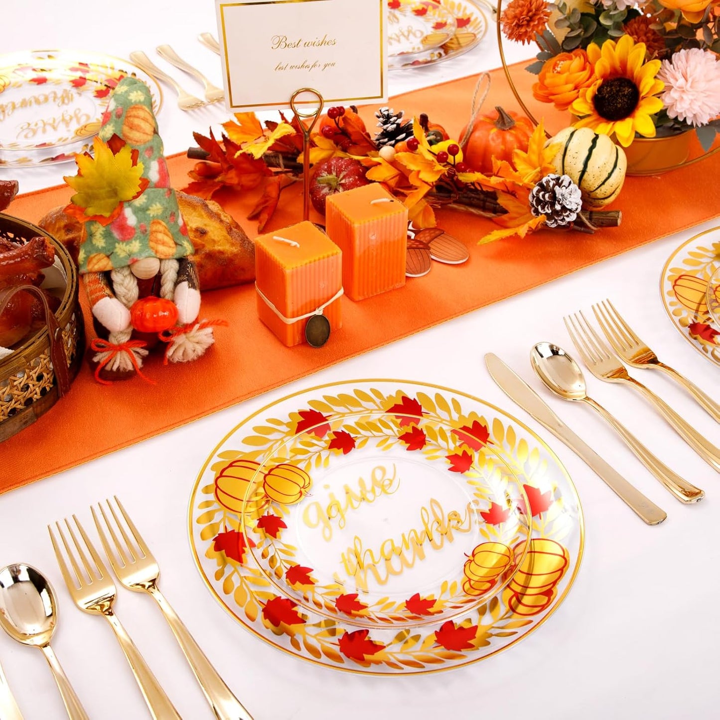 Rubtlamp 60 Pcs Thanksgiving Plastic Plates, Clear Gold Disposable Plates, Red Gold Thanksgiving Party Plates Includes 30 Pcs 10.25” Gold Dinner Platos, 30 Pcs 7.5”Clear Dessert Platos for Autumn