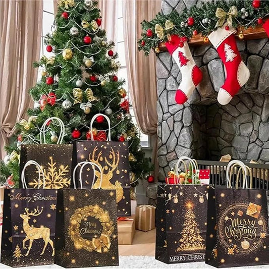 piqiya 24pcs Black Gold Christmas Gift bags with Handles,Christmas Party Favors Bags,Paper Xmas Elk Snowflake Candy Treat Bags,8.2×5.9×3.1inch(6 designs)